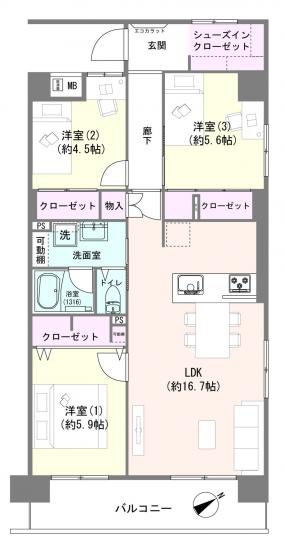 コープ野村本八幡マンション２号棟-1-間取図(平面図)