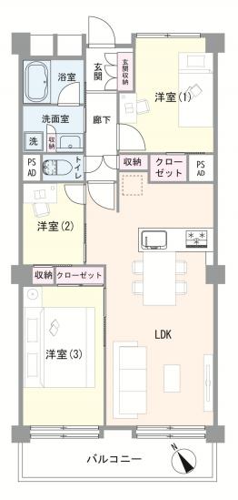 ソフトタウン谷津遊園２号棟-1-間取図(平面図)