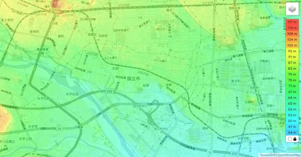 東京都国立市の地形図、標高、起伏